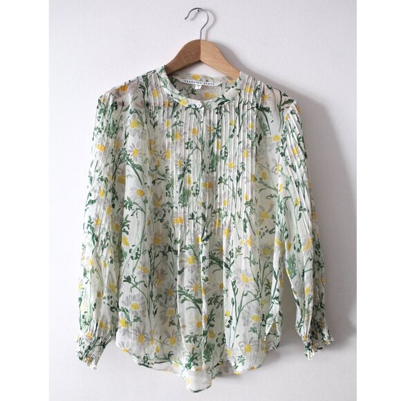 Veronica Beard Walker Pintucked Silk Blouse / Size 8 / White Green Kate Schelter - Picture 4 of 9